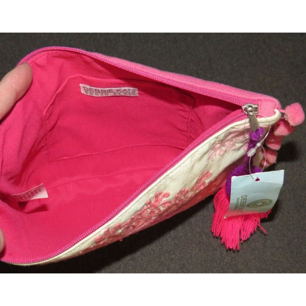 Debbie Katz Pink Embroidered Sabita Mala Pouch Boho Zip Clutch Bag